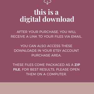 May include: A pink background with a white cloud icon and an arrow pointing down. The text "this is a digital download" is in white bold font. The text "AFTER YOUR PURCHASE, YOU WILL RECEIVE A LINK TO YOUR FILES VIA EMAIL." is in white font. The text "YOU CAN ALSO ACCESS THESE DOWNLOADS IN YOUR ETSY ACCOUNT PURCHASE AREA." is in white font. The text "THESE FILES COME PACKAGED AS A ZIP FILE. FOR BEST RESULTS, PLEASE OPEN THEM ON A COMPUTER." is in white font. The text "Brainbook SHOP" is in white font. The text "brainbooklibrary.com" is in white font.