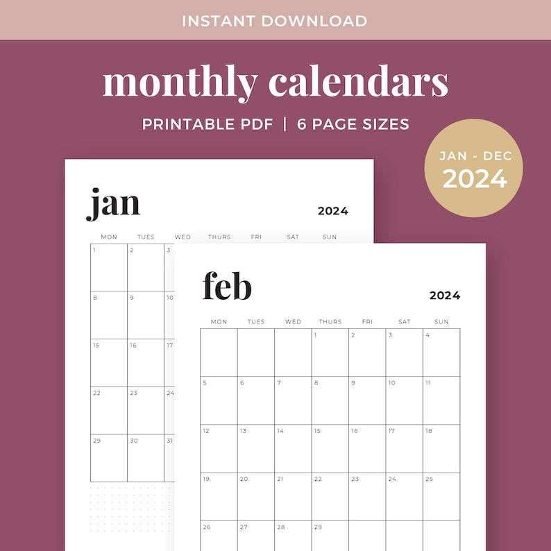 2024 Portrait Monthly Calendars, Printable Calendar Template