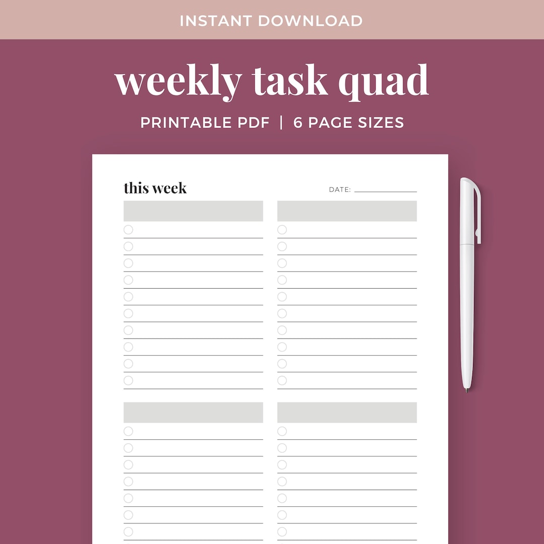 Weekly Task Quad List, Categorized Task Tracker, Weekly To-do List ...