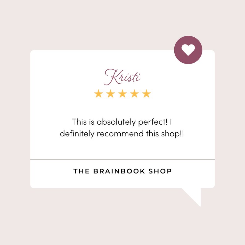 May include: A customer review for The Brainbook Shop with a five-star rating and the text "This is absolutely perfect! I definitely recommend this shop!!"