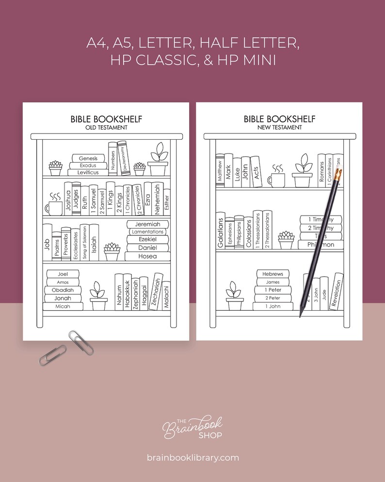 May include: A printable coloring page featuring a bookshelf with the books of the Bible listed on the shelves. The bookshelf is divided into two sections: Old Testament and New Testament. The image includes the text "BIBLE BOOKSHELF" and "THE BRAINBOOK SHOP" along with the website address "brainbooklibrary.com".