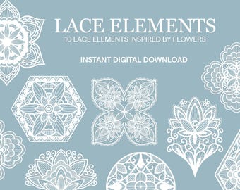 Floral White Lace Elements: 10 PNG Designs (Digital Download)