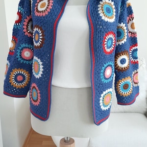 Blue Motif Cardigan – Handmade Crochet Sweater – Bohemian Afghan Style – Women&#39;s Coat – Gift Idea