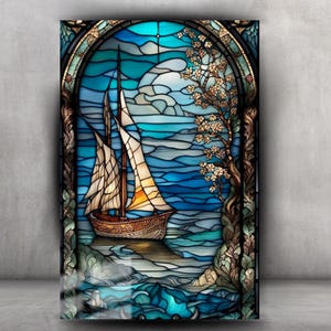 Design Sailboat Stained Glass Tempered Glass Wall Art, Print Wall Art, Home Decor, Living Room Art, Modern Wall Art, Sea Print Wall Hangings