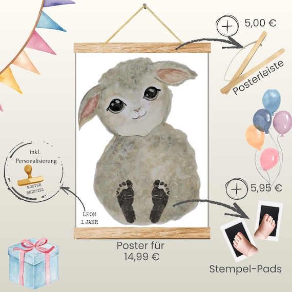 Sheep | Hand-painted Animal Poster for Baby | Footprint and Handprint Set | Personalized Gift for Birth or Christening | Baby Poster A3 | Clean Touch Pad