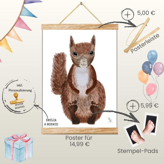 Squirrel | Hand-painted animal poster for baby | Footprint and handprint set | Personalized gift for birth or christening | Baby poster A3 | Clean touch pad
