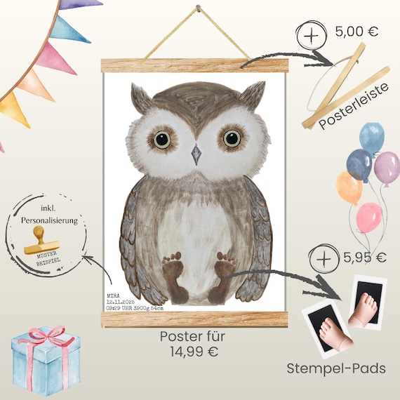Owl | Hand-painted Animal Baby Poster | Footprint and Handprint Set | Personalized Gift for Birth or Christening | Baby Poster A3 | Clean Touch Pad