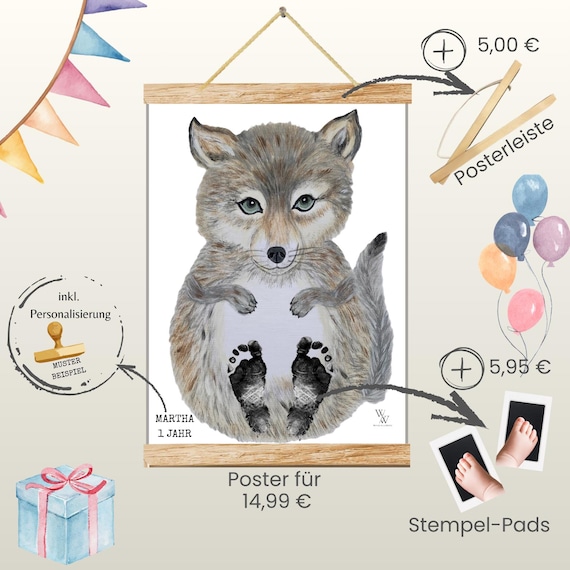 Wolf I Hand-Painted Animal Baby Poster | Footprint and Handprint Set | Personalized Gift for Birth or Christening | Baby Poster A3 | Clean Touch Pad
