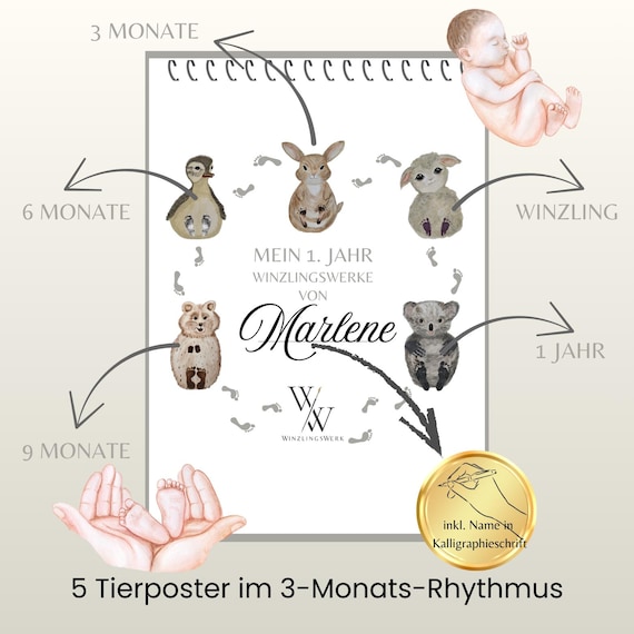 1st Year | Hand-Painted Animal Poster Calendar | Baby | Footprint Set | Personalized Gift for Birth or Christening | Baby Poster A3 | Clean Touch Pad