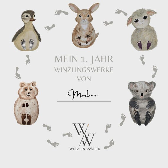 Set of 5 I First yearI Baby Footprint Handprint Poster Download | Animal Poster Printable | Nursery Wall Art | Digital Print A3I PDFI DE + EN