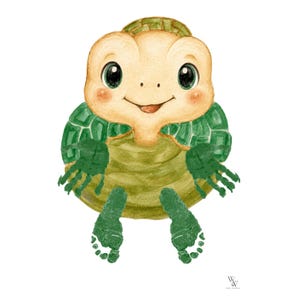 Könnte beinhalten: Aquarell-Illustration einer lächelnden Schildkröte mit hellbraunem Kopf und grünem Panzer. Die Schildkröte hat große, dunkle Augen und grüne Flossen und Füße. Das Kunstwerk befindet sich auf weißem Hintergrund.