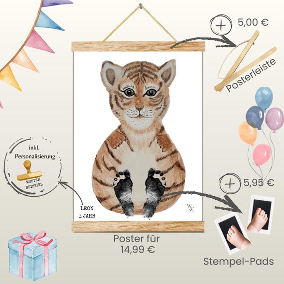 Tiger | Hand-painted Animal Baby Poster | Footprint and Handprint Set | Personalized Gift for Birth or Christening | Baby Poster A3 | Clean Touch Pad