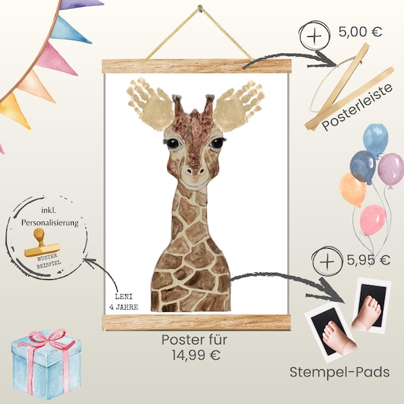 Giraffe | Hand-painted Animal Baby Poster | Footprint and Handprint Set | Personalized Gift for Birth and Christening | Baby Poster A3 | Clean Touch Pad
