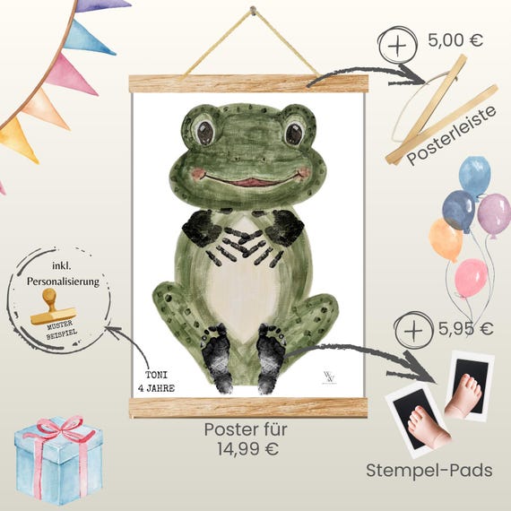 Frog | Hand-painted Animal Baby Poster | Footprint and Handprint Set | Personalized Gift for Birth and Christening | Baby Poster A3 | Clean Touch Pad