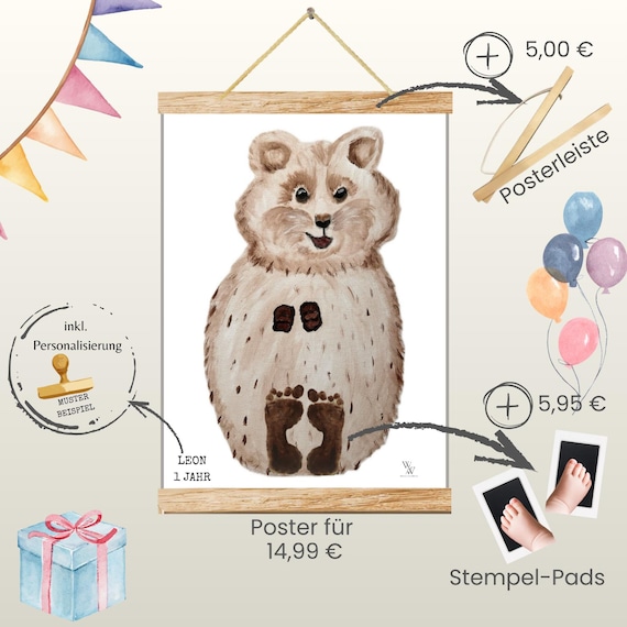 Quokka | Hand-painted Animal Baby Poster | Footprint and Handprint Set | Personalized Gift for Birth or Christening | Baby Poster A3 | Clean Touch Pad