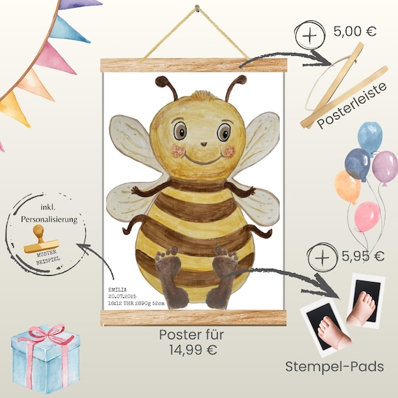 Bee | Hand-painted Animal Baby Poster | Footprint and Handprint Set | Personalized Gift for Birth or Christening | Baby Poster A3 | Clean Touch Pad