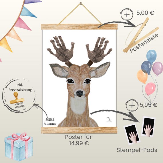 Deer | Hand-painted Animal Poster for Baby | Footprint and Handprint Set | Personalized Gift for Birth and Christening | Baby Poster A3 | Clean Touch Pad