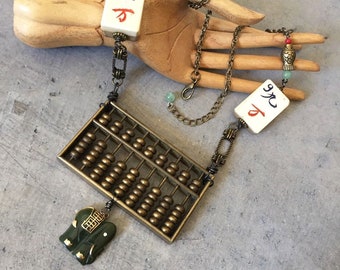 SALE! Auspicious Symbols: Assemblage Necklace with Abacus, Lucky Number Mahjongg Tiles, Elephant, Fish & Jade Protect One Lucky Wearer
