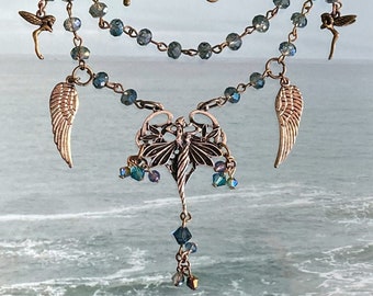 SALE! Mermaid Dreams Necklace. Wings, Fairies, Mixed Metals and Sea Blue Faceted Crystal Beads Delight On This OOAK Piece by SparklyLife