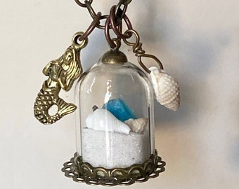 Beach In A Bottle Necklace. Siesta Key White Beach Sand and Shells in a Glass Dome Bottle. Dangling Mermaid Charm, Fossilized Shell
