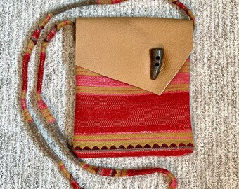 SALE! Custom Weave Crossbody Bag. Imported Handwoven Upcycled Red Gray Gold Fabric. Leather Flap, Vintage Button. Crypton Lining. OOAK