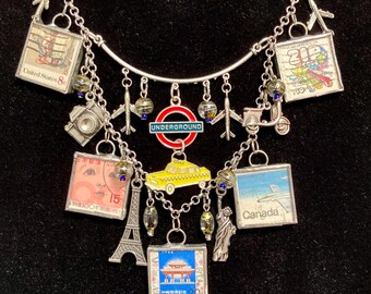 Travel Journal. Old Stamps, Travel Charms, Soldered Glass Charms, Beads Form OOAK Charm Necklace for Digital Nomad, ExPat, World Traveler