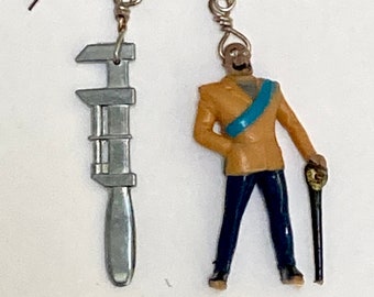 Rare DVD Clue Token Earrings. Suspect African Prince Azure and Pipe Wrench Dangle Mysteriously On Mis-matched Vintage DVD Game Earrings