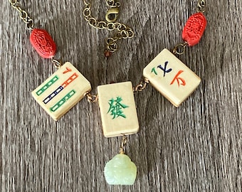 Mahjong Buddha Necklace. Three Vintage Upcycled Mah Jongg Tiles, Carved Jade Buddha and Red Cinnabar Beads Bring Good Luck To Wearer