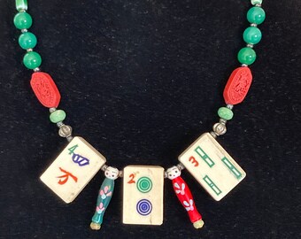 Whimsical Mahjong Necklace. Three Vintage Upcycled Mah Jongg Tiles, and Plastic Geisha Cocktail Picks Create Fun OOAK Jewelry by SparklyLife