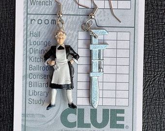 Clue Token Earrings #5. Sneaky & Nosey Mrs White and Pipe Wrench Dangle Whimsically In This Set of Mis-matched Upcycled Game Piece Earrings