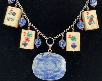 Broken China Pendant. Mah Jong Tiles, Flow Blue Porcelain Chinese Vase Fragment, Hand painted Beads Create Stunning OOAK Statement Necklace