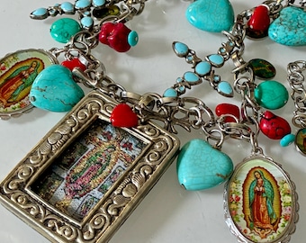Guadalupe Pendant Necklace. Abundant Turquoise, Holy Medals, Glass Hearts, Crosses, Beads. Focal Image In India Embossed Metal Frame. OOAK