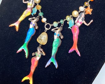 Cascading Mermaid Necklace. 5 Laser Cut Vtg Mermaids, Sea Glass Colored Beads, Charms Alive With Movement on OOAK Beachy Statement Necklace