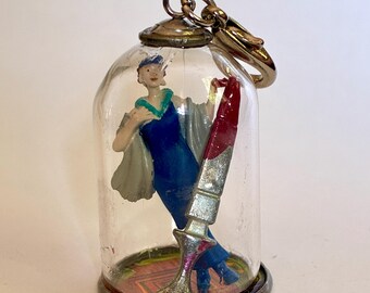 Mrs Peacock and Bloody Dagger. Mini Glass Cloche Holds Freefloating Vintage Clue Game Suspect and Weapon. OOAK Fun Unisex Assemblage Pendant