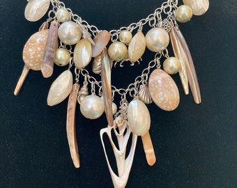 Shell Statement Necklace. Two Strands of Pearls, Polished Shells, Abalone, Sea Urchin, Silver Sea Life Charms for Beach Loving Girl or Bride