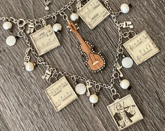 Music Lesson: Mini Handcrafted Violin, Inlayed Mother of Pearl, Freshwater Pearls, MOP beads, Music Notes and Crystals to Delight Wearer