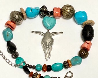 Georgia O’Keeffe Inspired Choker. Upcycled Skull, Destash Turquoise, Lava Stone, Coral, Mixed Metals. Santa Fe, Southwest, Ghost Ranch Style