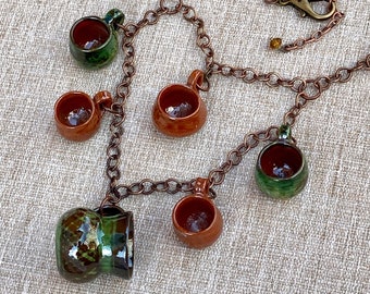 SALE! Mini Mexican Pottery Necklace. Handmade Terracotta and Green Cups and Pitcher. Vintage Jarritas Mexicana Folk Art Assemblage Necklace