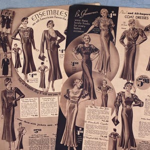 May include: Vintage fashion advertisement featuring illustrations of elegant dresses and ensembles. The ad showcases various styles, including long gowns, coat dresses, and ensembles with jackets. The text includes phrases like "Be Glamorous" and "All-American Favorite."