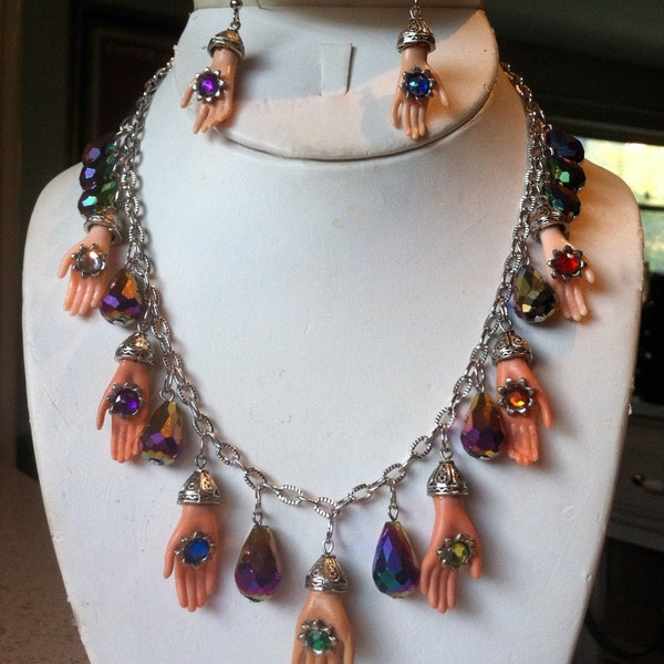 Reserved for Liza! Altered Barbie Healing Hands Chakra Necklace, Earrings with Crystals