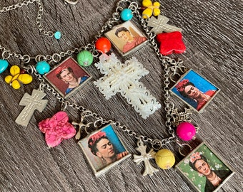 Frida Sacred Cross Necklace. Stunning Hand Carved MOP Cross From Holy Land, Frida Photo Charms, Turquoise Beads, Wearable Art Assemblage