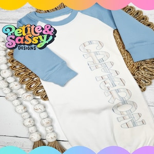 Personalized blue raglan gown baby boy outfit, custom boy coming home outfit, baby outfit, baby shower gift, baby gown