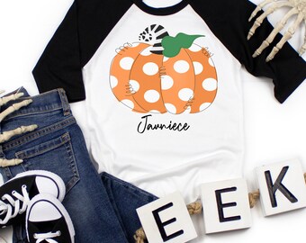 Dotted Pumpkin Kids Raglan Shirt, Halloween shirt for Kids, Personalized Toddler Raglan Shirt