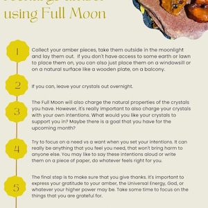 May include: An informational graphic with the title "How to cleanse and recharge amber using Full Moon." The image includes instructions, amber pieces, and the Prana Amber logo.