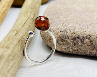 Sterling Silver Amber adjustable ring, faceted Baltic Sea red gemstone