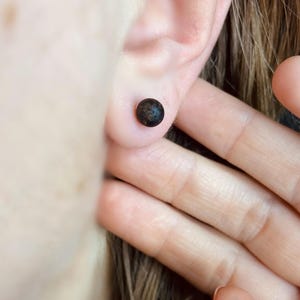 バルト海琥珀のブラック スタッド イヤリング、天然琥珀ジュエリー、スターリング シルバー ディテール、6 mm ラウンド ビーズ、半研磨琥珀、波羅的海琥珀、バーンスタイン