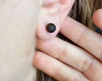 Baltic Amber black stud earrings with sterling silver 925, dainty women jewelry