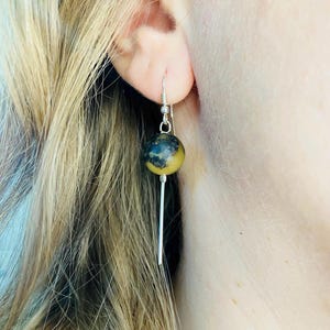 Large Amber drop earrings, perfect round lime cream accent beads, Natural Baltic Amber women jewelry, 925 sterling silver, 波羅的海琥珀, Bernstein