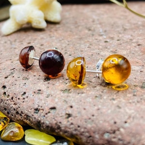 Baltic Amber Stud Earrings, Sterling Silver, Red or orange color