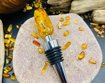 Wine bottle stopper with Natural polished Amber chunk, Unique gift idea